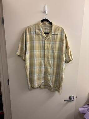 Tommy Bahama shirt L men green old school plaid button short sleeve 100% Silk